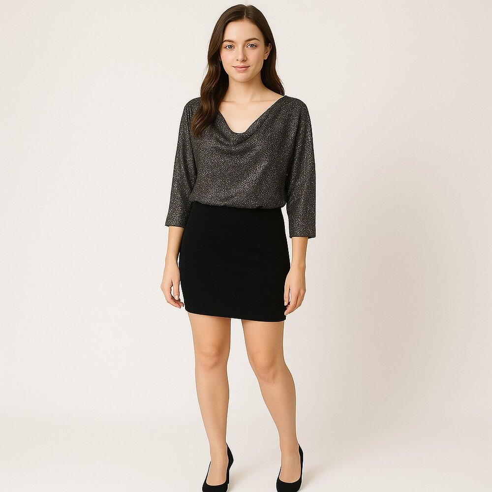 EXPRESS Black & Silver Y2K Metallic Cowl Neck Sweater Dress Party Mini Dress XS